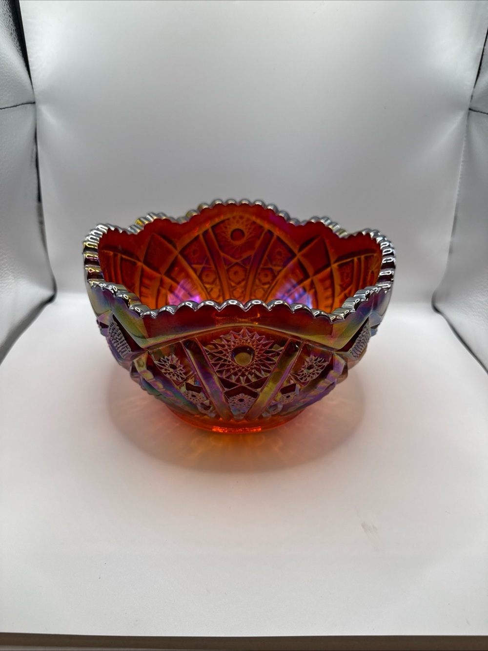 Vintage Carnival Glass Scalloped Edge Bowl Red Iridescent Embossed Pattern Decor